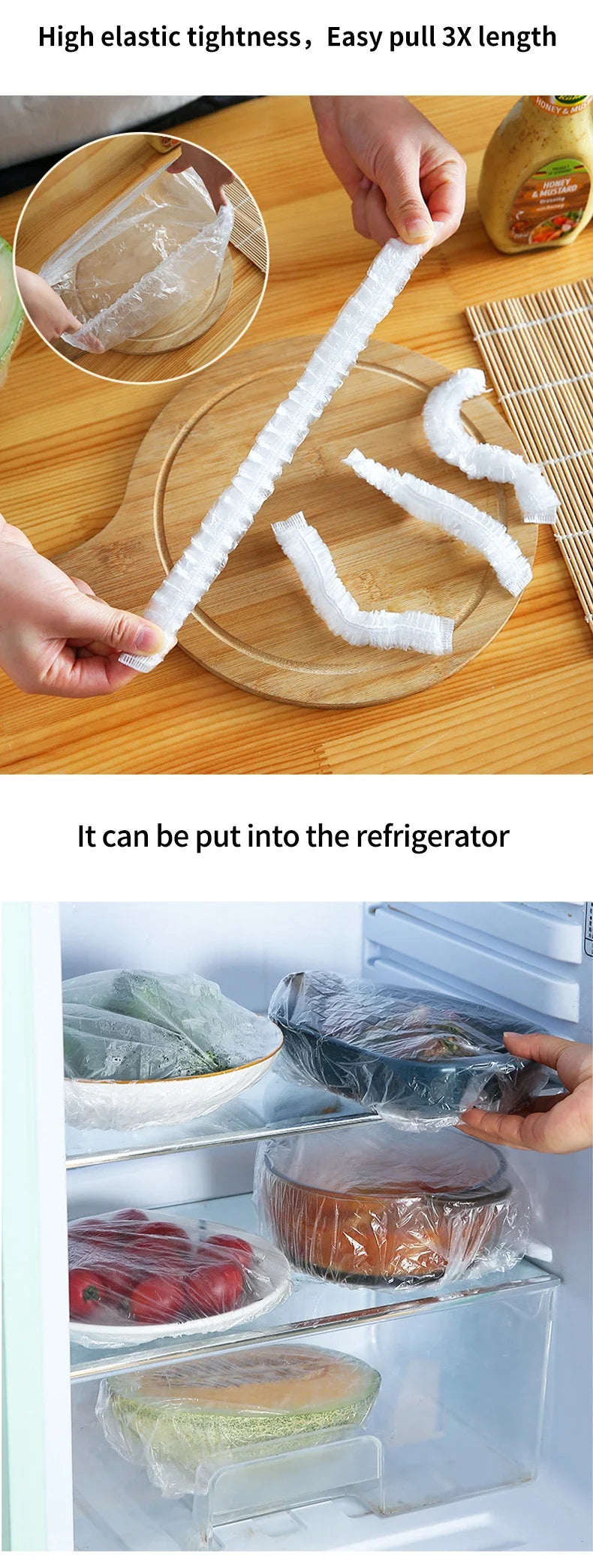 Hands demonstrate the high elastic tightness and easy pull of reusable plastic food wrap covers.