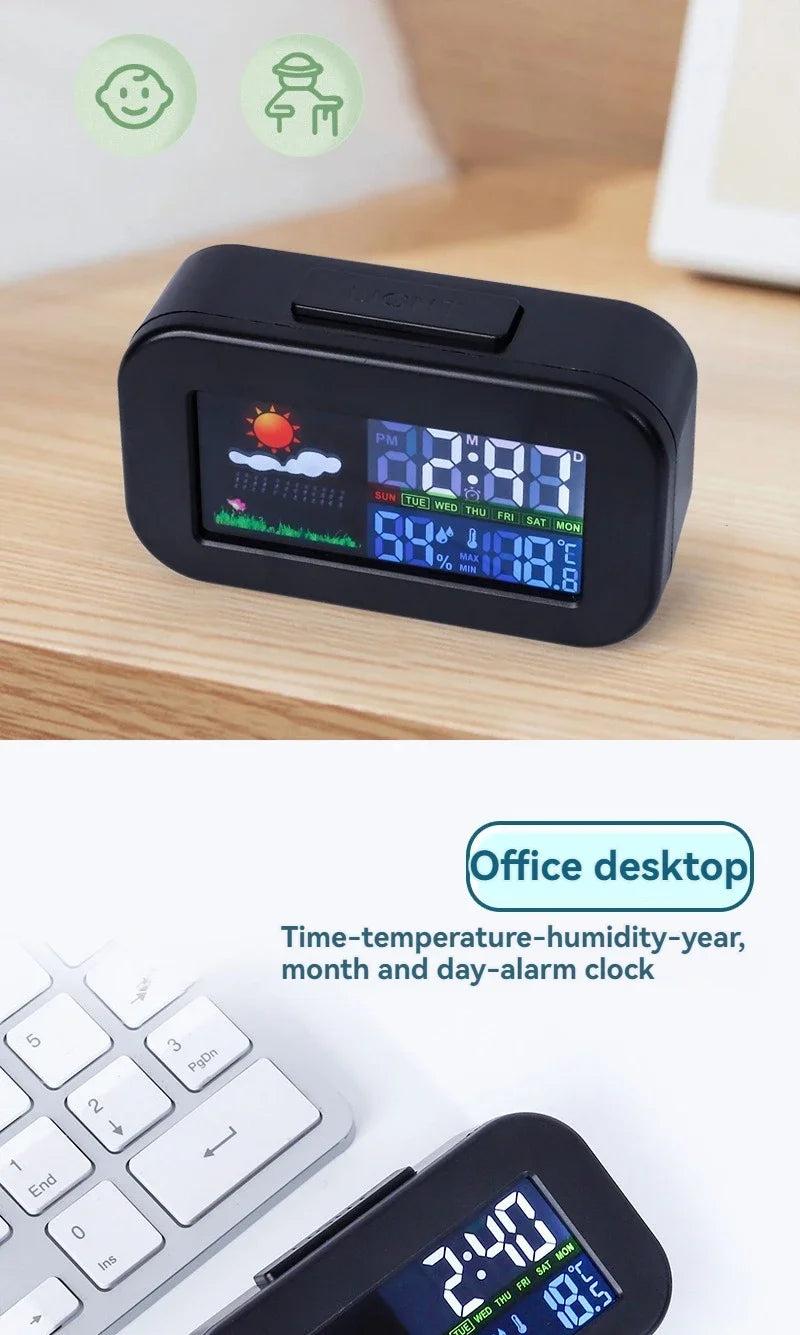 Compact Weather Station Clock with Color Display and Temperature & Humidity Monitor
