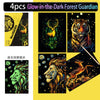 A set of four glow-in-the-dark forest guardian scratch painting art kits featuring animals like a lion, tiger, and deer.