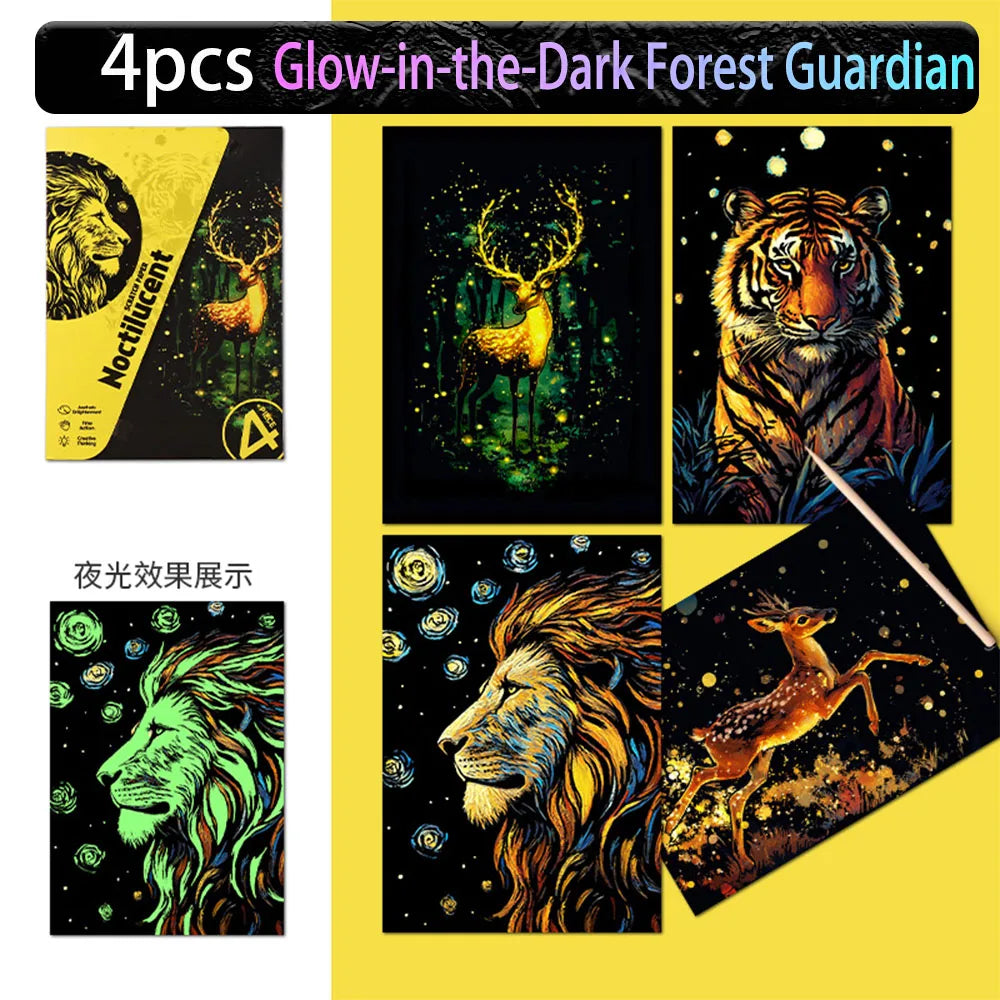 A set of four glow-in-the-dark forest guardian scratch painting art kits featuring animals like a lion, tiger, and deer.