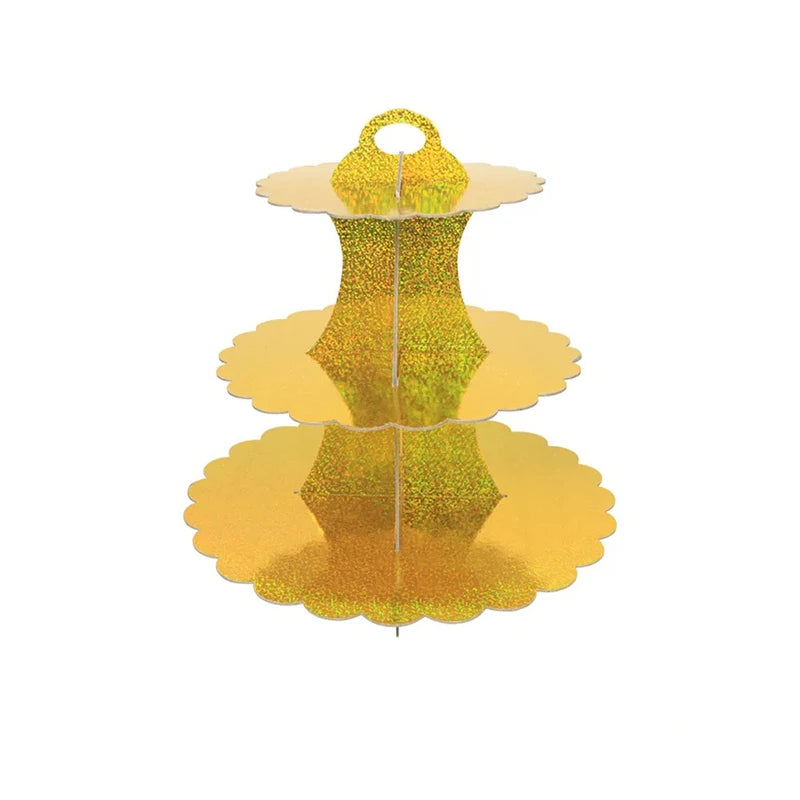 A three-tier gold cupcake stand with a rainbow glitter finish for dessert tables and party displays.
