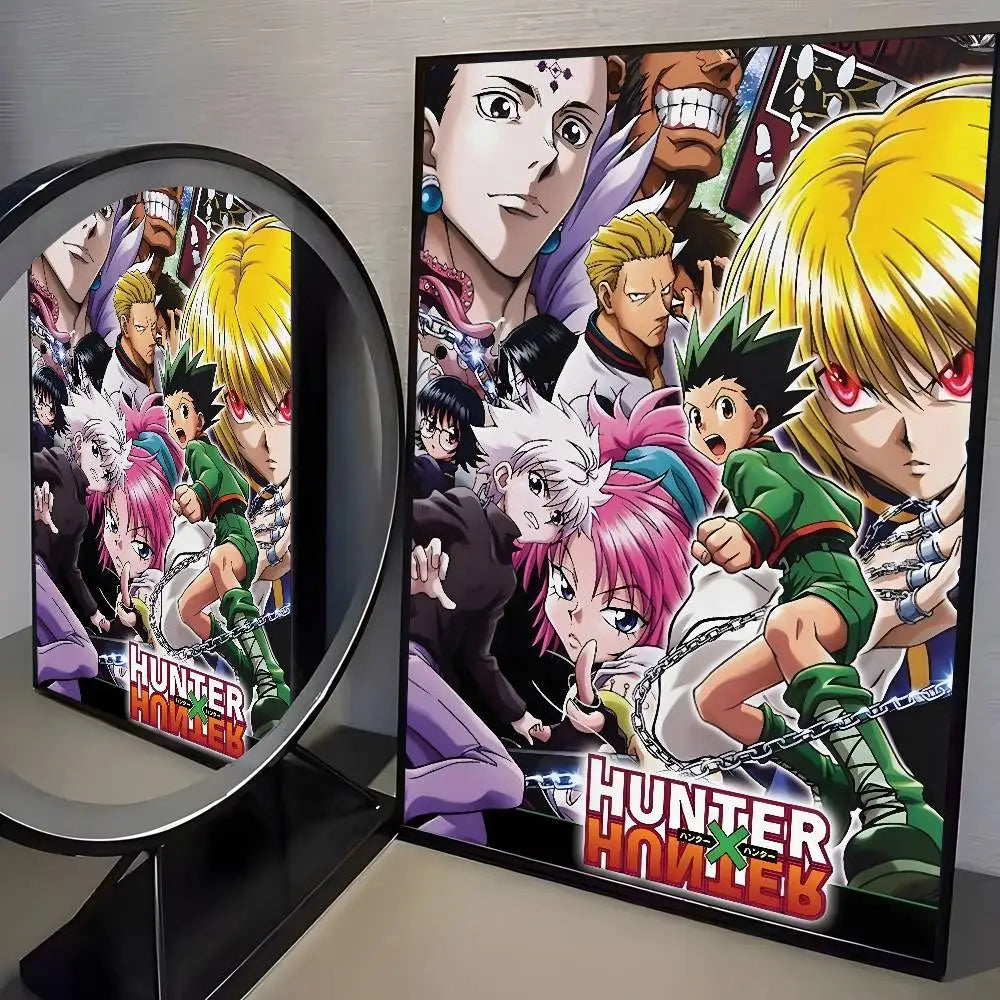 A framed canvas wall art featuring characters from Hunter x Hunter anime in a dynamic composition.