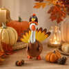 A felt turkey costume resembling a goose statue is displayed on a wooden surface with autumn leaves and pumpkins.