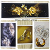 A set of three abstract art prints featuring gold and silver floral designs, a close-up of skin texture, and a golden leaf mo