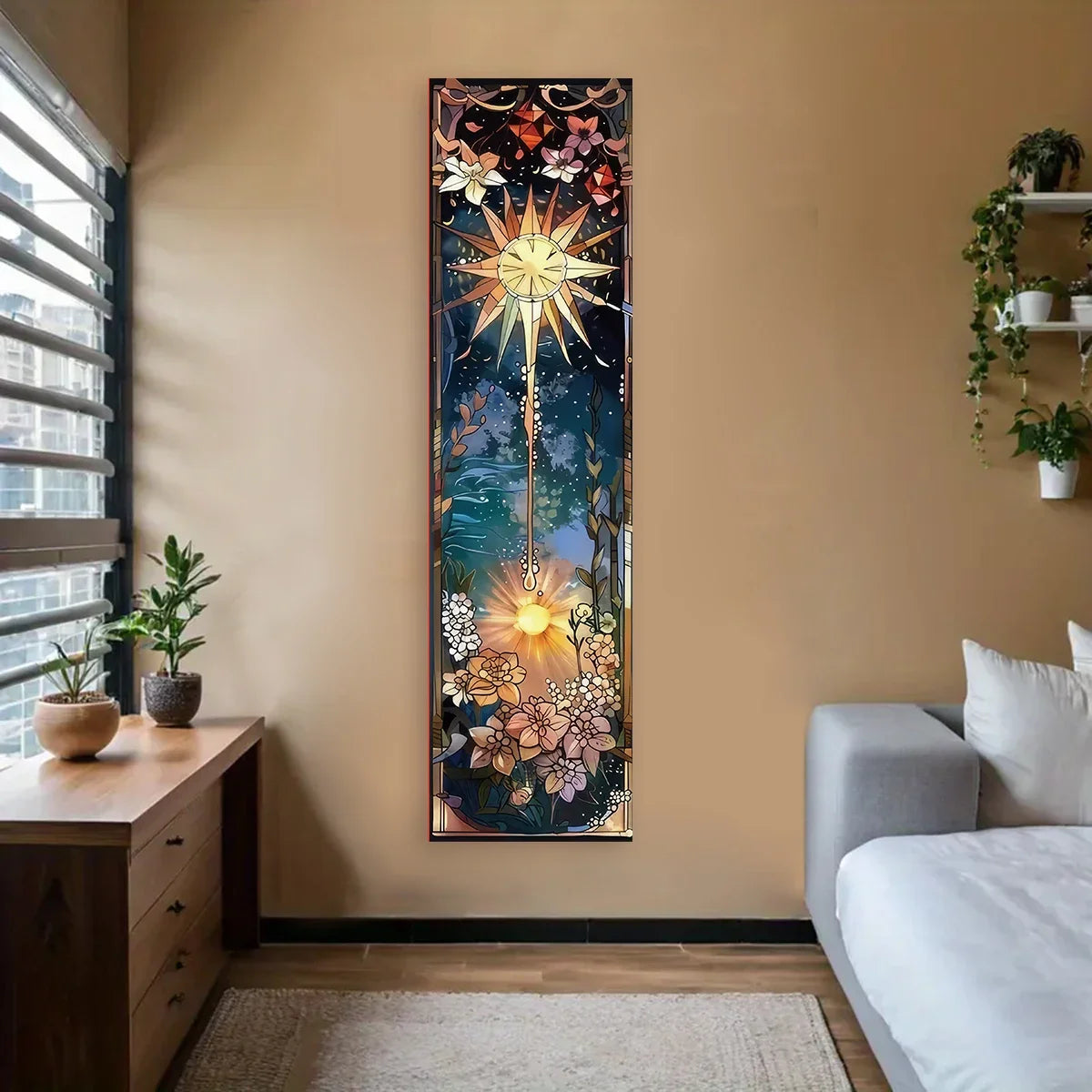 A vertical tapestry featuring a Bohemian Tree of Life design with floral elements and a bright sunburst in warm tones.