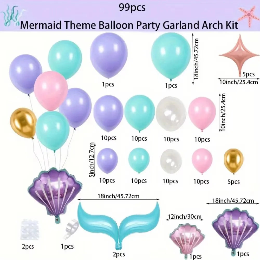 A kit for a mermaid theme balloon party garland arch featuring various colored balloons and a purple fan shape.