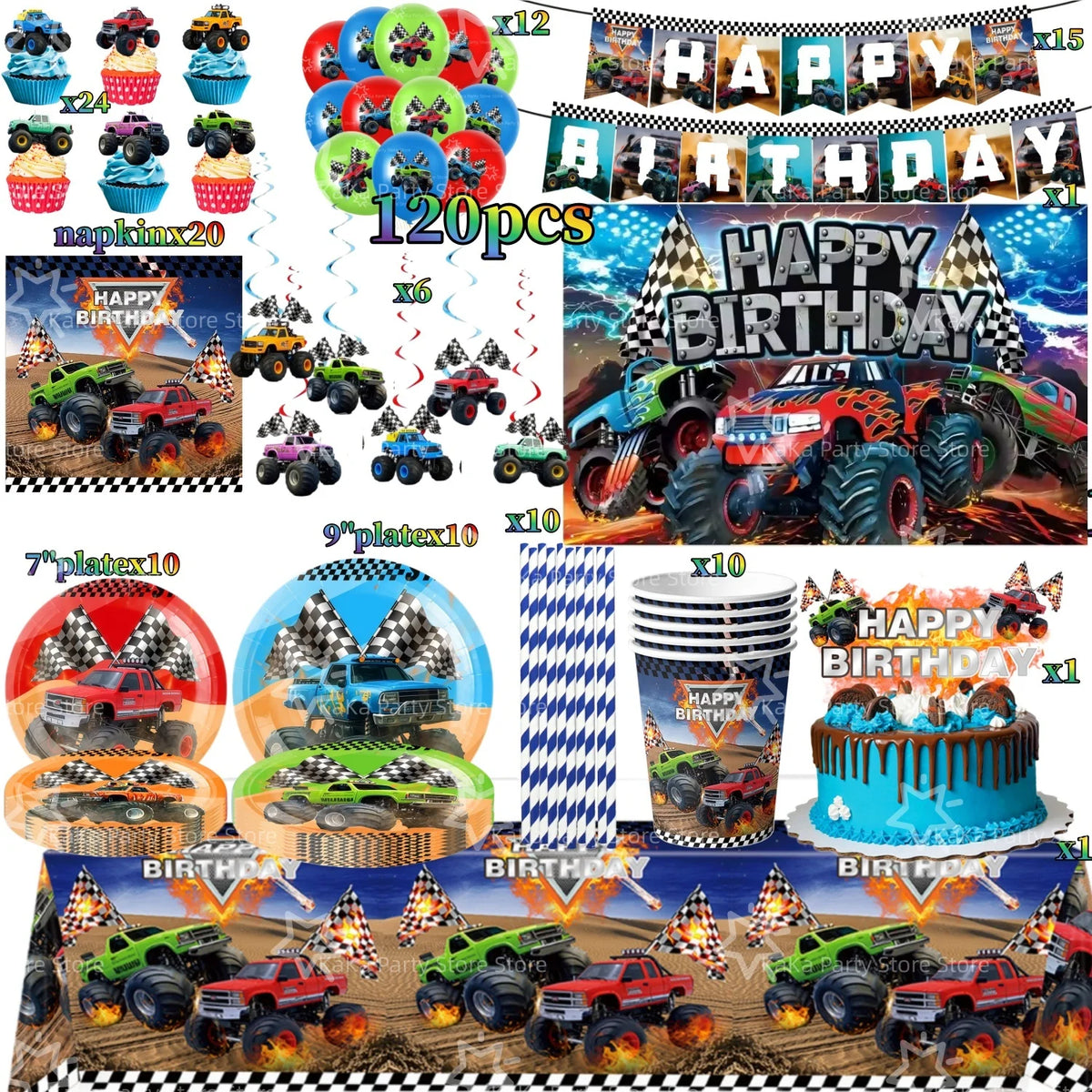 Monster truck birthday party decoration kit featuring a backdrop, tableware, and toy trucks.