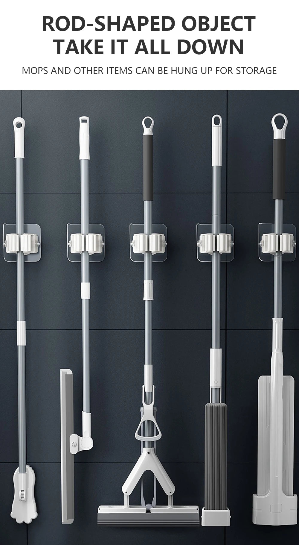A collection of rod-shaped objects, including mops and brushes, are shown hanging on adhesive wall hooks.