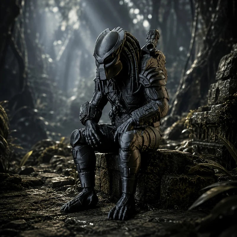 A dark sci-fi figurine of a hooded hunter sits on rough terrain in a dimly lit, jungle-like environment.