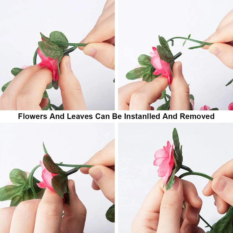 Hands are shown instilling and removing silk rose flowers and leaves for garland decoration.