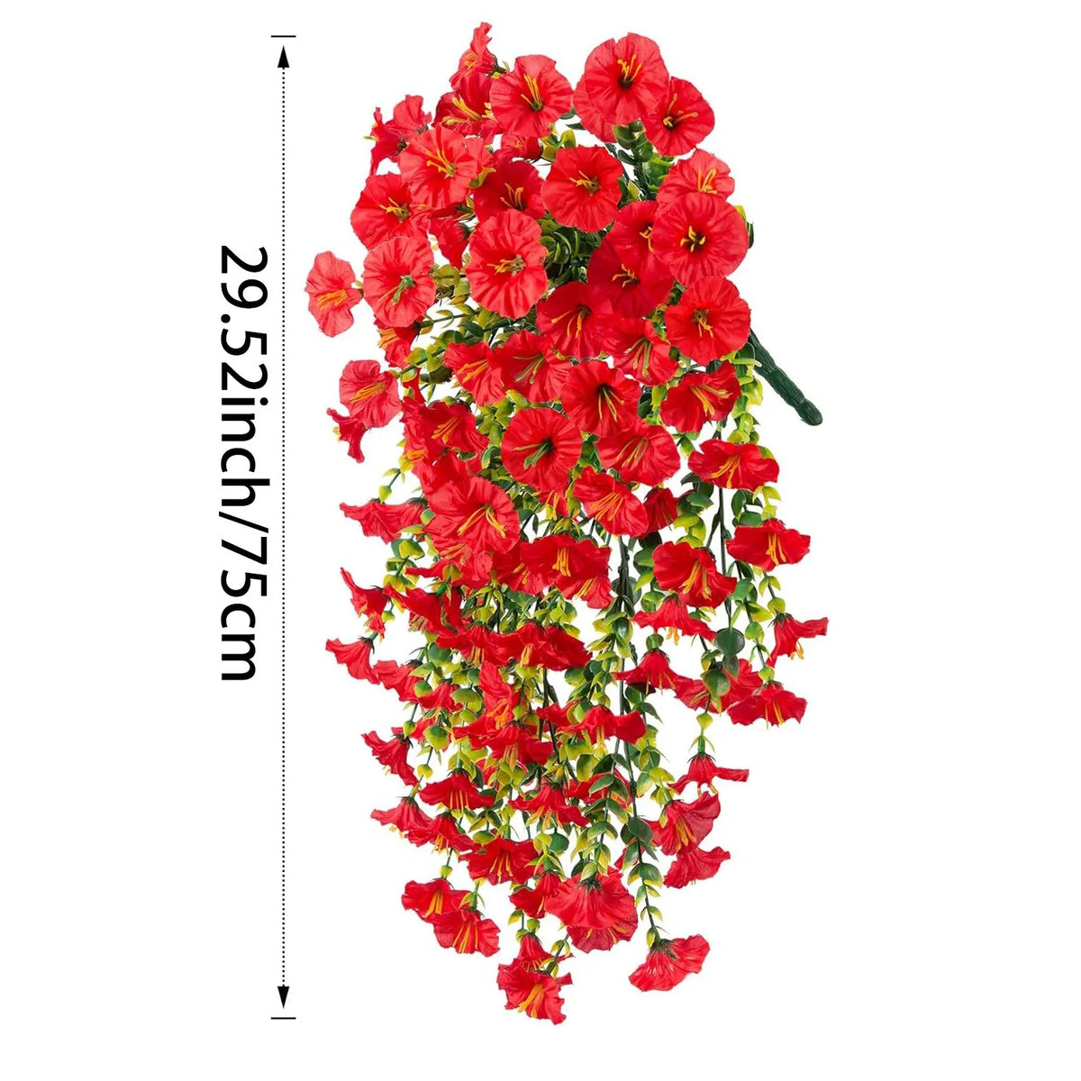 A vibrant red silk peony hanging garland with green leaves used for home and wedding decor.