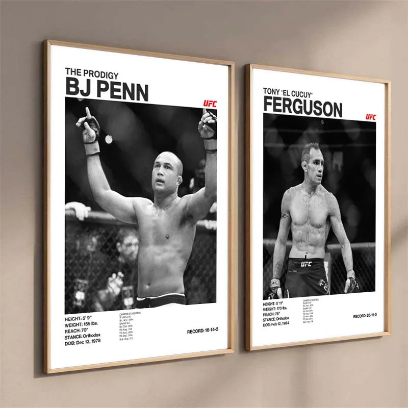 Arte en lienzo enmarcado con fotos en blanco y negro de leyendas del boxeo BJ Penn y Tony 'El Cucuy' Ferguson