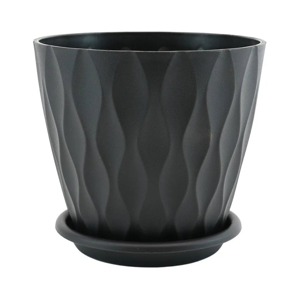 A set of six round, dark gray plastic plant pots with drainage saucers.
