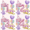 A set of seven pink balloons shaped like numbers 1 through 4 and a castle for birthday parties