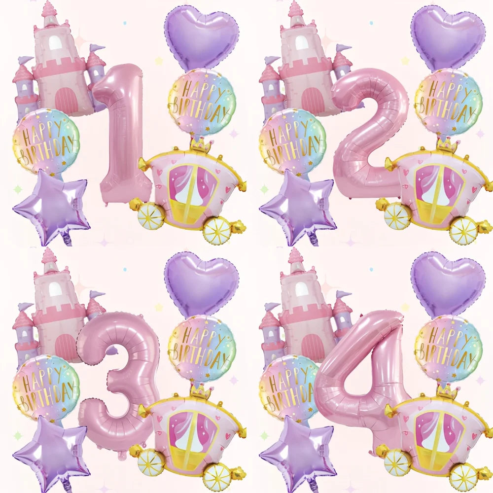 A set of seven pink balloons shaped like numbers 1 through 4 and a castle for birthday parties