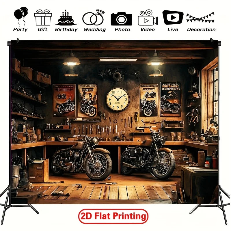 A flat banner depicting a retro motorcycle garage interior with bikes, tools, and decorative elements.