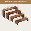 A set of wooden display risers in various sizes, showing dimensions for perfume or product display.
