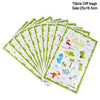 A stack of 10 green and white disposable gift bags for a dinosaur party.