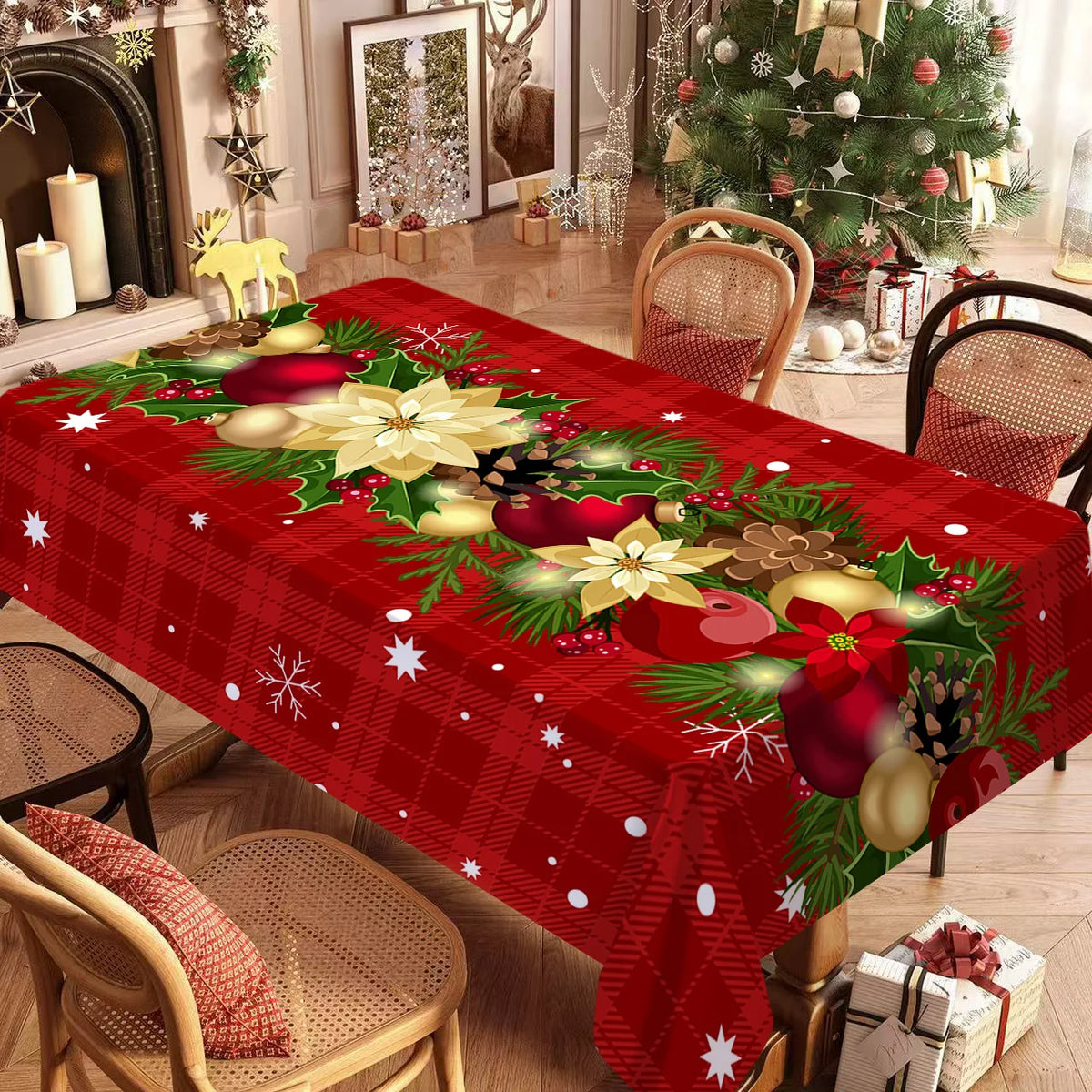 A red plaid tablecloth featuring green holly and gold poinsettia designs.