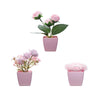 Three potted pink roses or peonies used as simulated mini bonsai plants for home decor