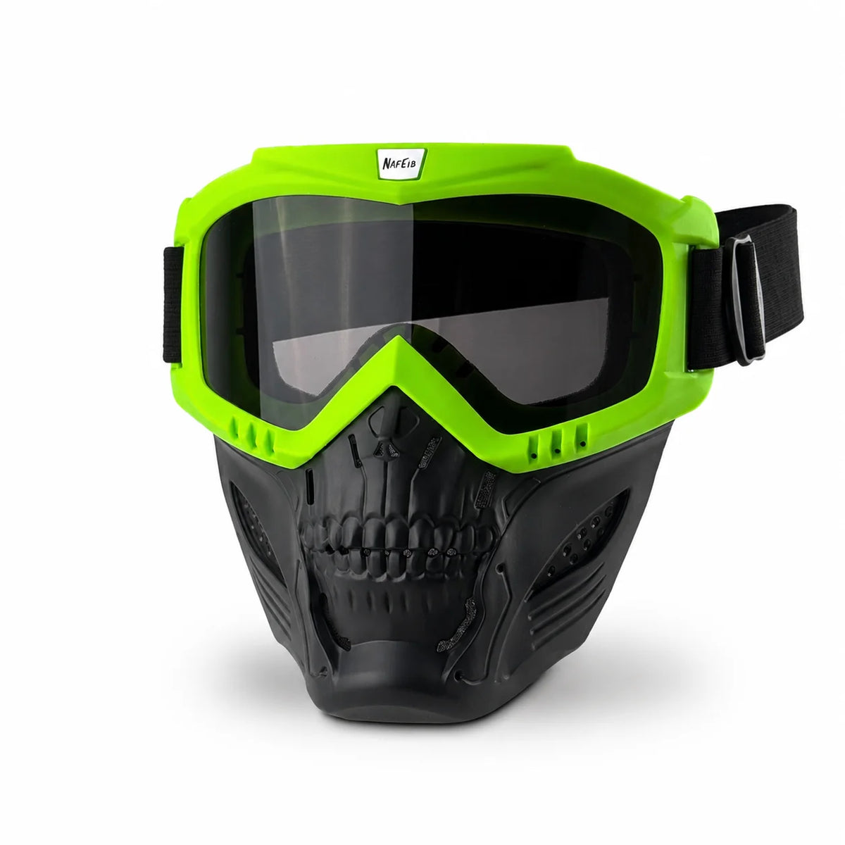A pair of neon green full face skull riding goggles with a black strap and lens.