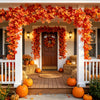 An autumn porch decorated with a vibrant orange maple leaf vine garland framing a wooden door and steps.