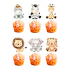 A set of jungle safari birthday decor featuring cute animal figures like a giraffe, elephant, lion, and tiger in cupcake line