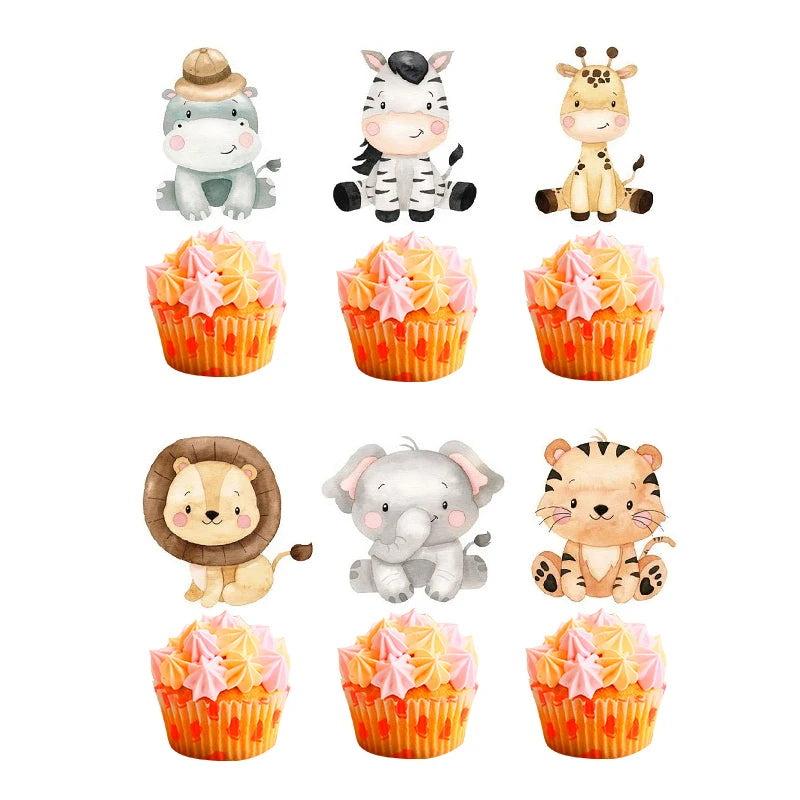 A set of jungle safari birthday decor featuring cute animal figures like a giraffe, elephant, lion, and tiger in cupcake line