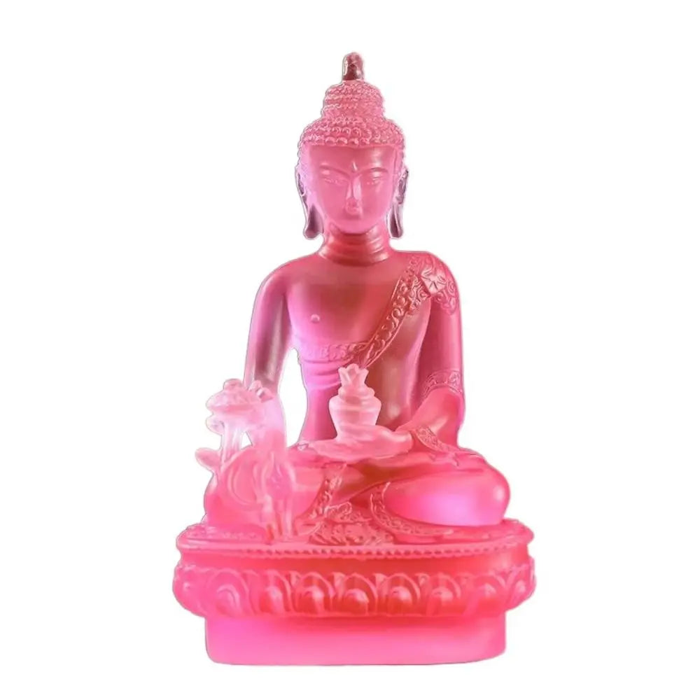 Pink resin statue of Medicine Buddha with a crown and lotus base