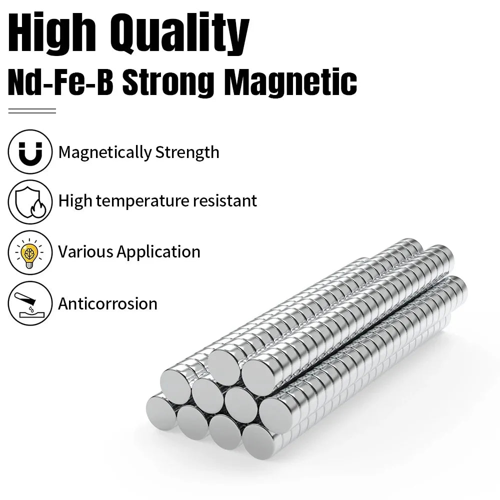 A close-up view of several silver round magnets arranged in a row.