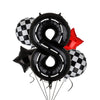 Black foil balloons shaped like the number 8 and a star for birthday party decorations