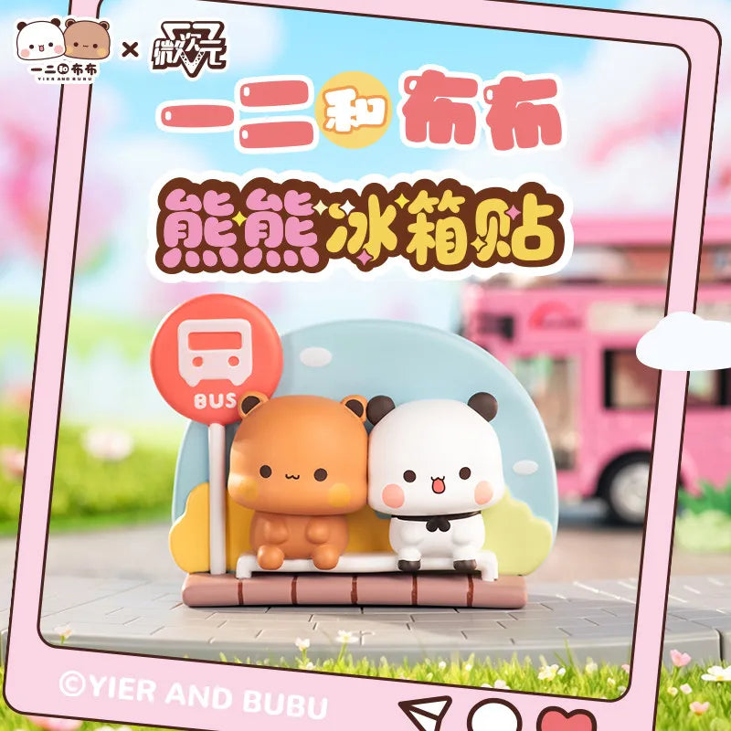 A set of two cute animal-themed fridge magnets featuring a bear and a panda, displayed in a pink frame.