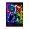 Neon glowing illustration of a video game controller on a dark background.