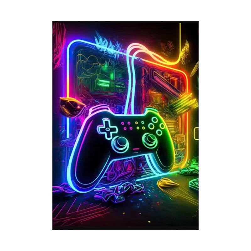 Neon glowing illustration of a video game controller on a dark background.