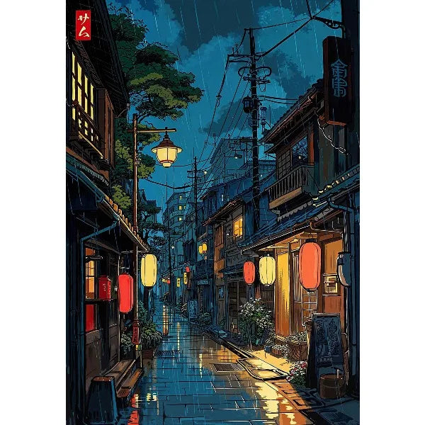 A vertical painting depicting a narrow, wet street in an anime city at night with traditional Japanese buildings and lanterns