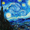 A vibrant Van Gogh-inspired night sky painting featuring swirling blue and yellow stars over a dark landscape.