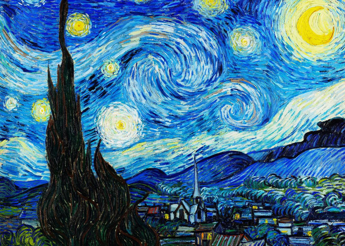 A vibrant Van Gogh-inspired night sky painting featuring swirling blue and yellow stars over a dark landscape.