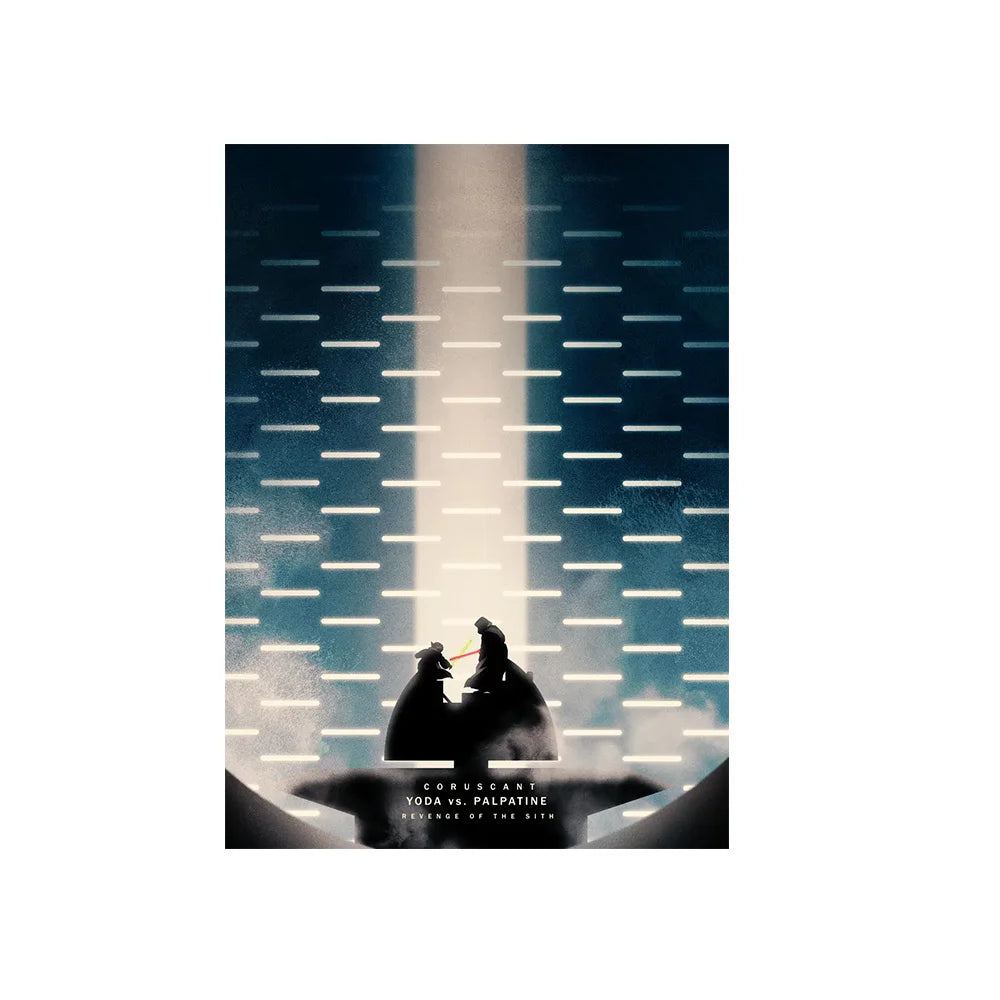 A vertical canvas wall art featuring a stylized duel between Yoda and Palpatine against a blue and white grid background.