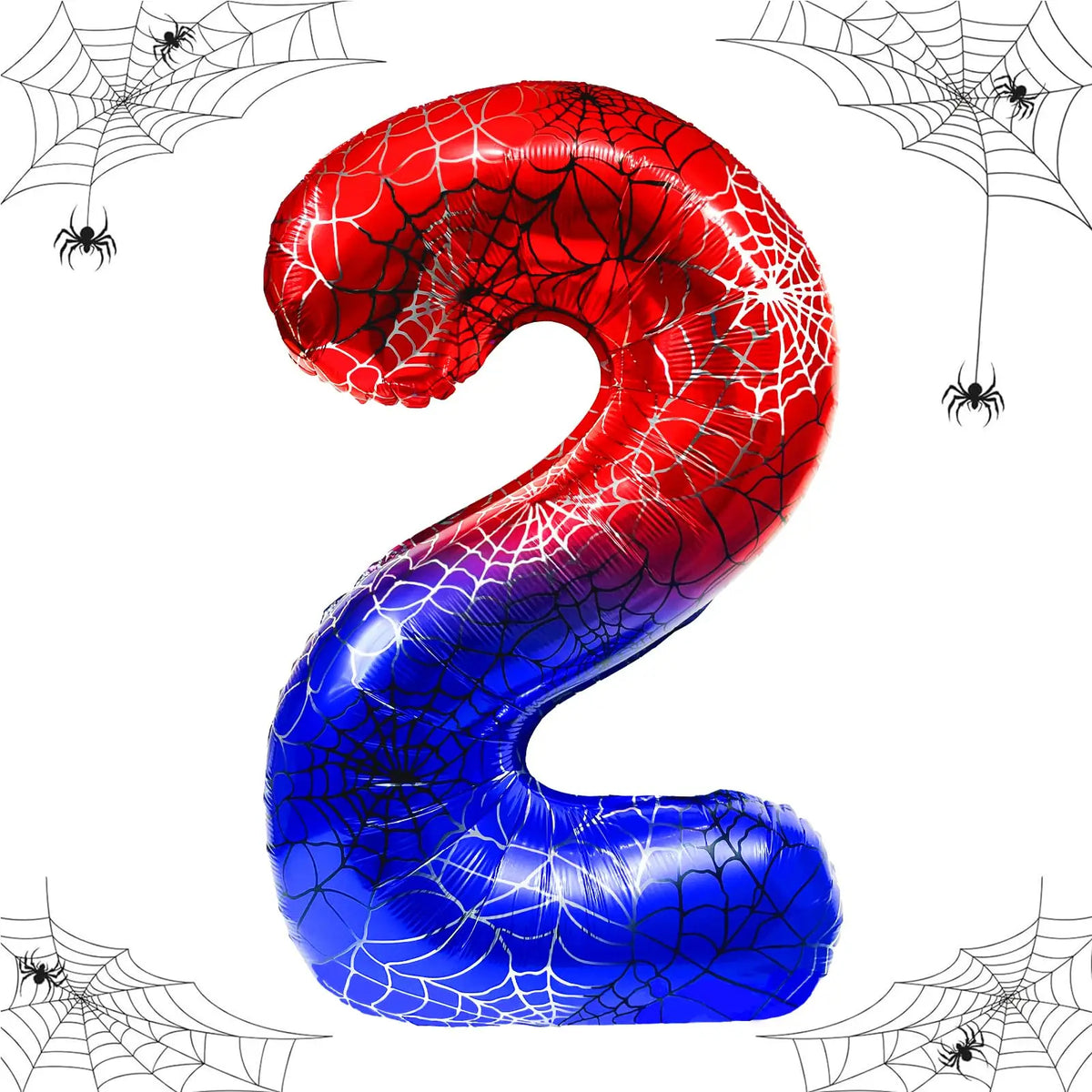 A foil balloon shaped like the number 2, featuring a spider web design in red and blue colors.