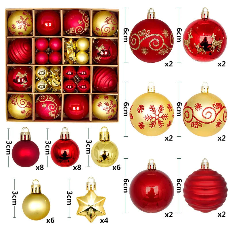 A collection of festive Christmas ornaments in various colors and designs including red gold and silver finishes.
