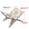 Handcrafted wooden Quran book stand with intricate Arabesque design shown from above.