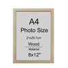 A wooden A4 photo frame with dimensions 21x29.7cm and an 8x12" material.