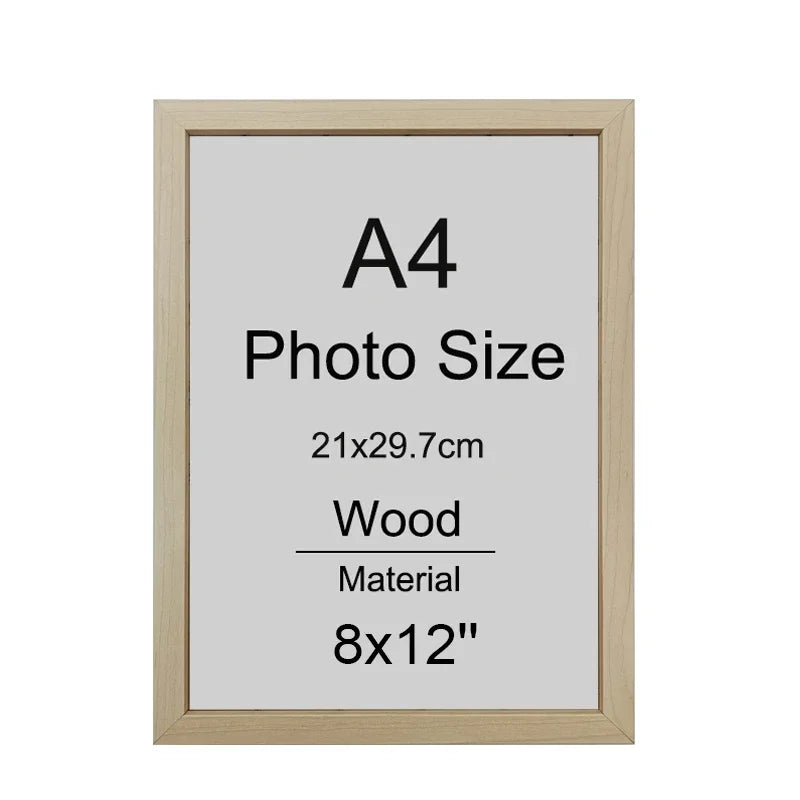 A wooden A4 photo frame with dimensions 21x29.7cm and an 8x12" material.