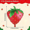 A single red strawberry foil balloon with green leaves and yellow seeds, shown against a light background.