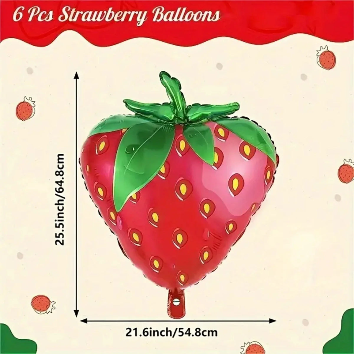 A single red strawberry foil balloon with green leaves and yellow seeds, shown against a light background.