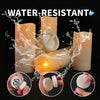 A set of four water-resistant LED candles in a beige color are shown with splashing water and close-ups of the remote control