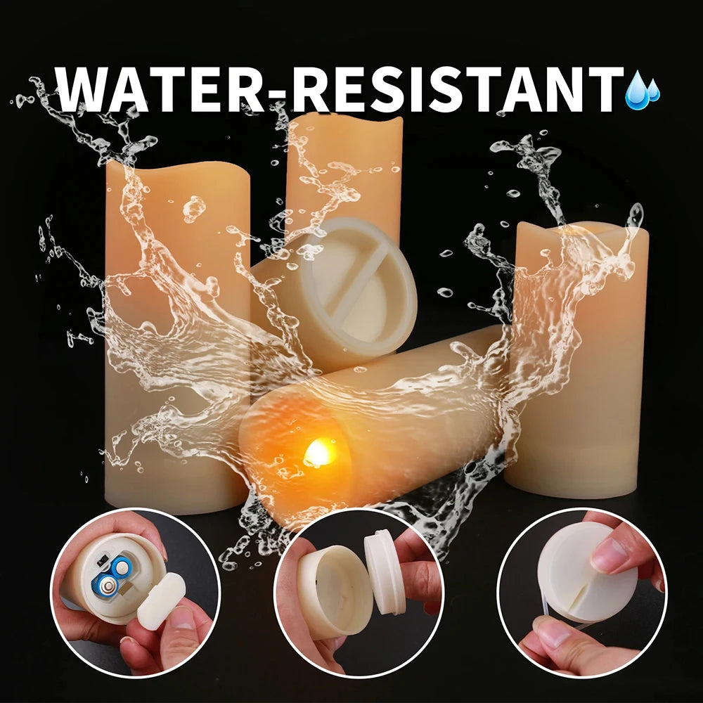 A set of four water-resistant LED candles in a beige color are shown with splashing water and close-ups of the remote control