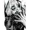A black and white manga style illustration of a character with long hair and intense eyes.