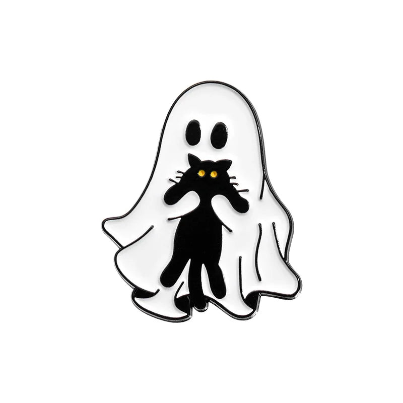 Halloween Enamel Pins Set - Cute Ghost, Black Cat, and Pumpkin Brooches for Kids