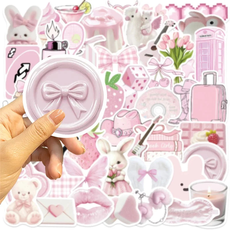A collection of pink cartoon animal and decorative PVC stickers for DIY crafting